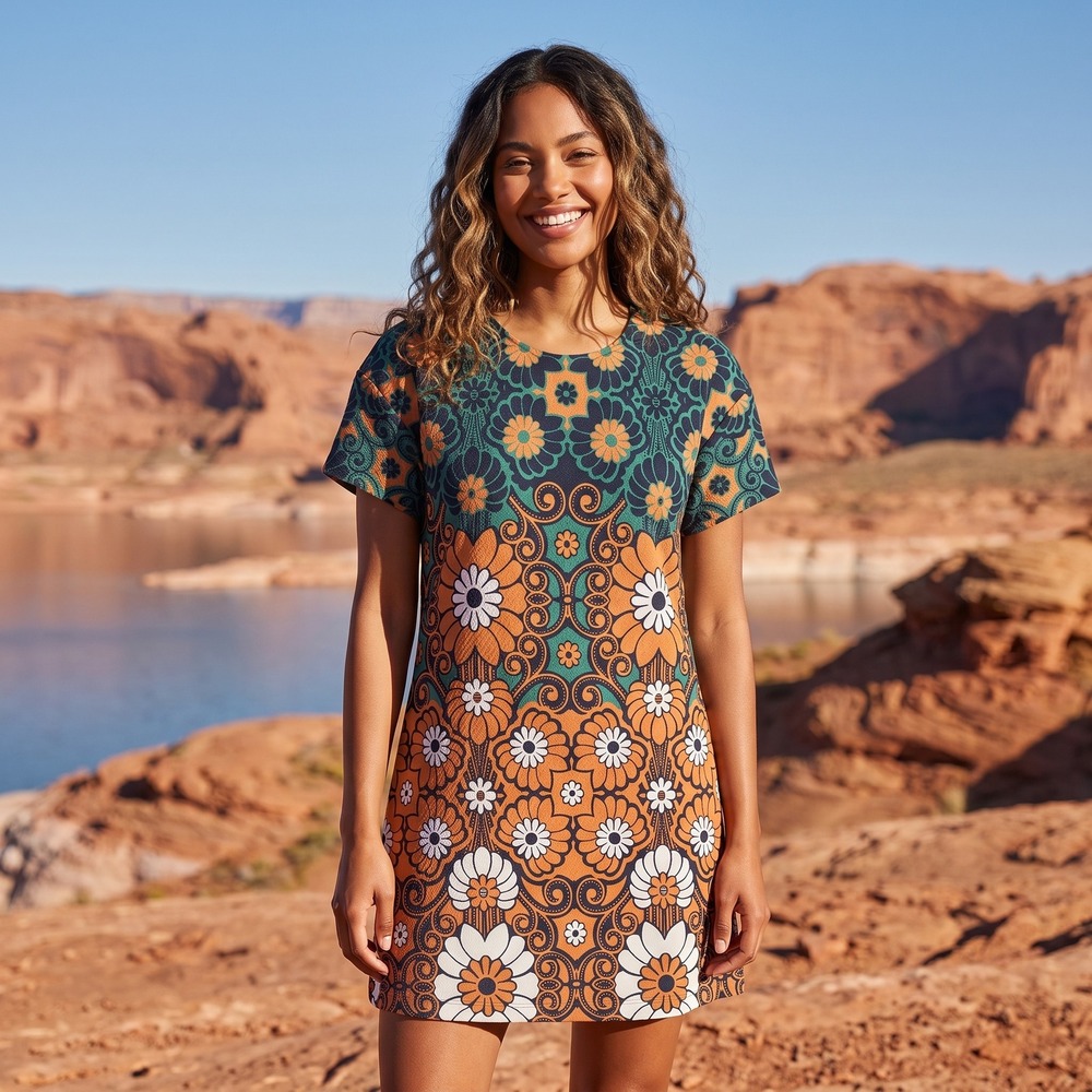 Maeve Anthropologie Shift Dress Womens Medium Orange Teal Floral Retro Mod 70s